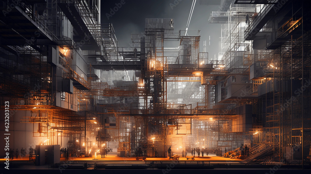 An intricate 3D rendering of a bustling construction site, detailed textures of concrete and steel, in a high - resolution macro shot, hyper - realistic lighting effects