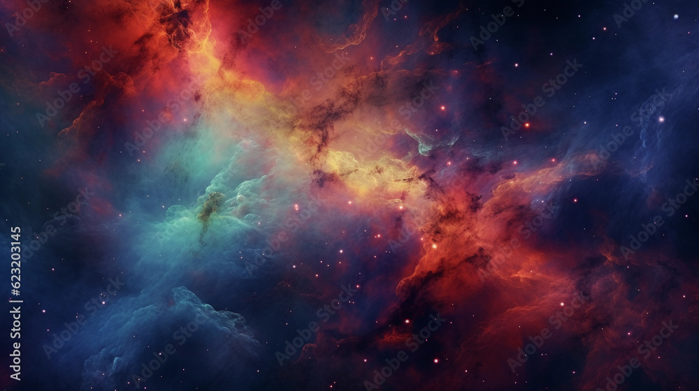 Colorful nebula, cosmic clouds, gas formations, clusters of stars, vivid colors, digitally painted