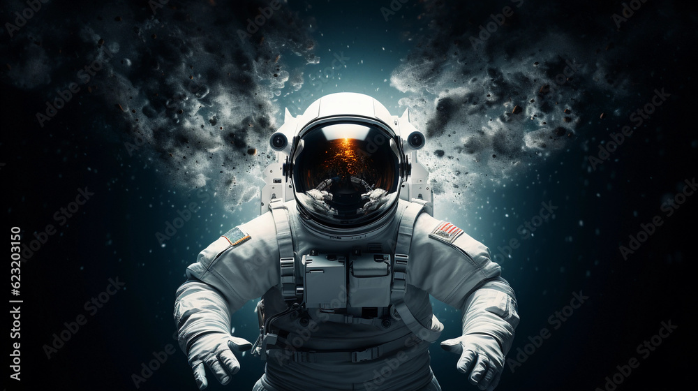 Astronaut in a white spacesuit, suspended in zero gravity, reflection of a distant Earth in the helmet, deep space backdrop