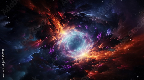 Abstract representation of a black hole, swirling vortex of colors, vibrant nebulas, gravitational lensing effect