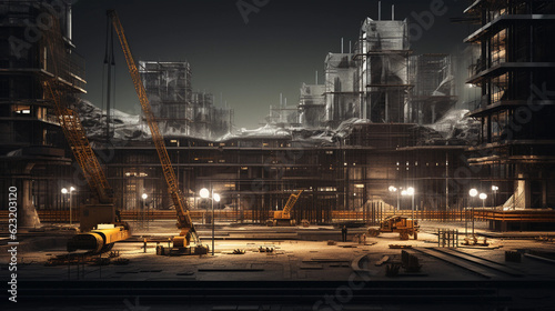 An intricate 3D rendering of a bustling construction site, detailed textures of concrete and steel, in a high - resolution macro shot, hyper - realistic lighting effects