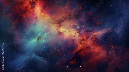 Colorful nebula  cosmic clouds  gas formations  clusters of stars  vivid colors  digitally painted