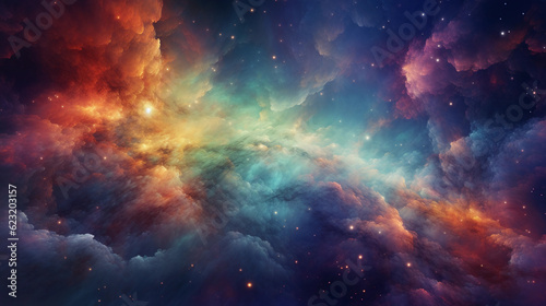 Colorful nebula, cosmic clouds, gas formations, clusters of stars, vivid colors, digitally painted