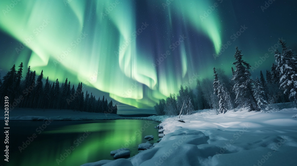 Aurora Borealis, dancing green and blue lights illuminating the night sky, snowy landscape in the foreground