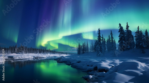 Aurora Borealis, dancing green and blue lights illuminating the night sky, snowy landscape in the foreground © Marco Attano