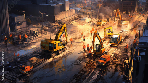 A bird's eye view of a bustling construction site at dawn, detailed machinery at work, with vibrant neon safety vests standing out, sketched in charcoal photo