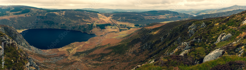 Idyllicpanoramic view, County Wicklow, Ireland. Mountains, close to Guinness (Lough Dan) lake and tourists walking paths