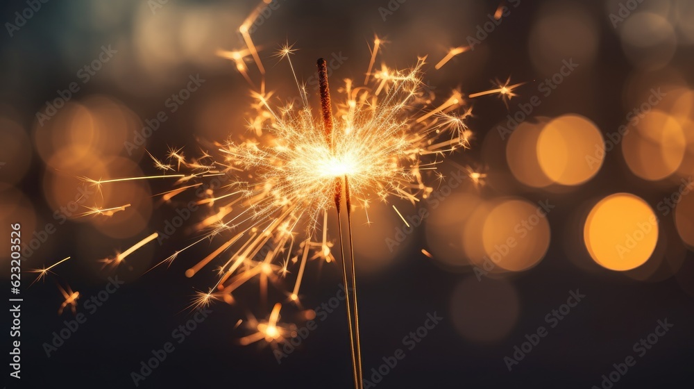 Happy New Year, Burning sparkler with bokeh light background. Generate Ai