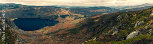 Idyllicpanoramic view, County Wicklow, Ireland. Mountains, close to Guinness (Lough Dan) lake and tourists walking paths