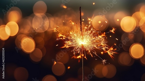 Happy New Year  Burning sparkler with bokeh light background. Generate Ai