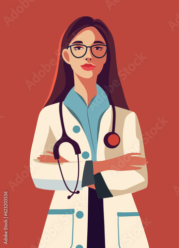 Vector illustration flat vector icon woman avatar doctor in a smock glasses and with a stethoscope medicine health