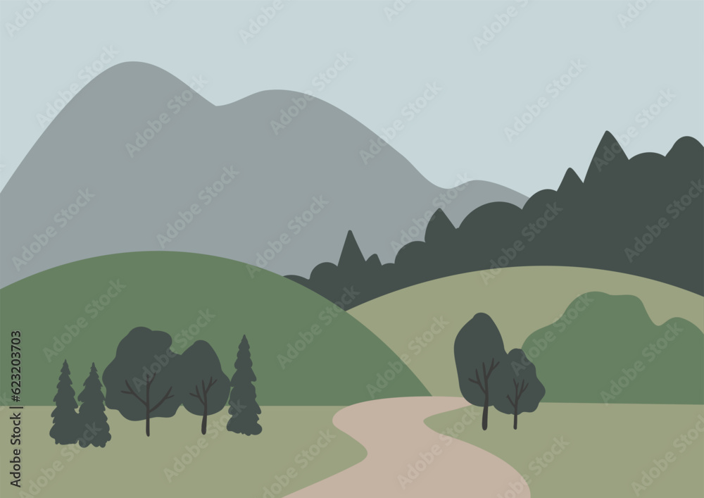 Fototapeta premium mountain landscape wall art illustration, abstract landscape clipart, vector simple nature background, travel road trip clip art, forest images in flat style, minimal outdoor, digital download print