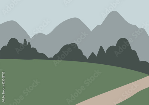 mountain landscape wall art illustration  abstract landscape clipart  vector simple nature background  travel road trip clip art  forest images in flat style  minimal outdoor  digital download print