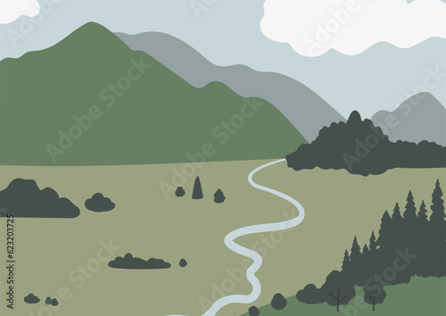 mountain landscape wall art illustration, abstract landscape clipart, vector simple nature background, travel road trip clip art, forest images in flat style, minimal outdoor, digital download print