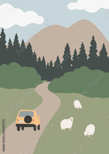 mountain landscape poster illustration clipart  vector travel road trip printable clip art  hiking in mountain scene images in flat cartoon style  tourist couple woman rock forest outdoor journey