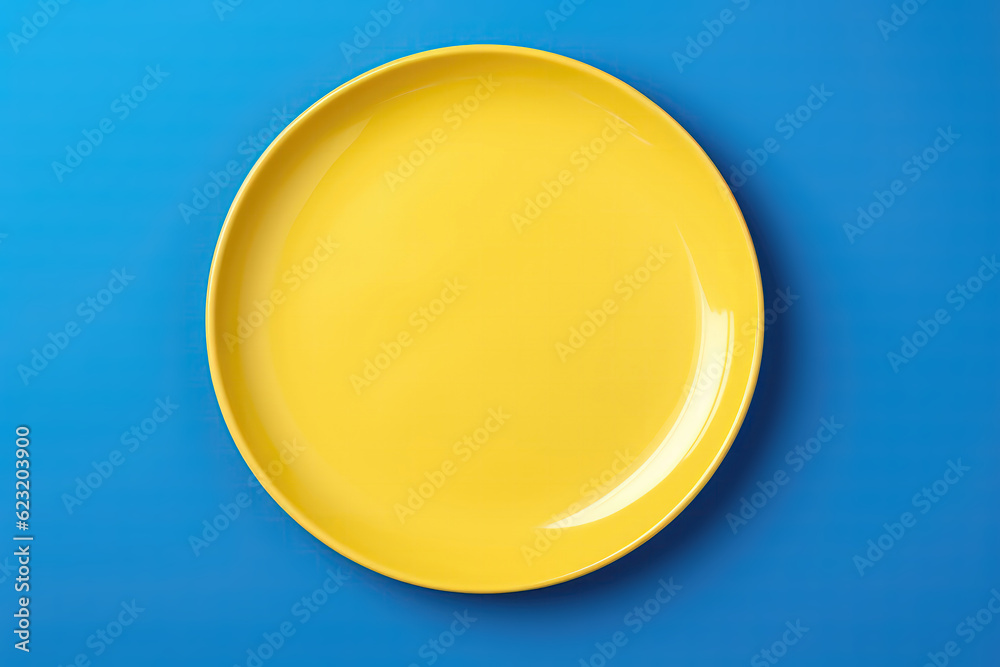 Yellow Monochrome Plate On Blue Background, Top View. Generative AI Yellow Monochrome Plate On Blue Background, Top View. Generative AI