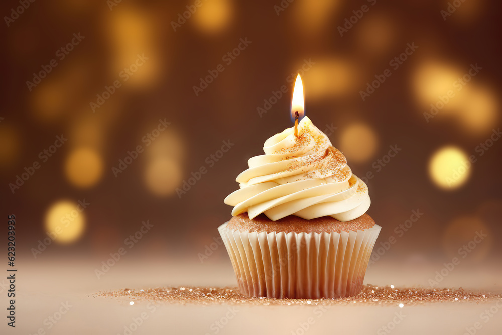 Gold Cupcake With Lighted Candle On Gold Background, Empty Space. Generative AI Gold Cupcake With Lighted Candle On Gold Background, Empty Space. Generative AI