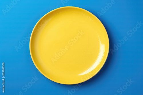 Yellow Monochrome Plate On Blue Background, Top View. Generative AI