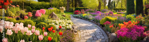 Colorful Garden With Blooming Flowers Spring Garden Oasis. Panoramic Banner. Generative AI