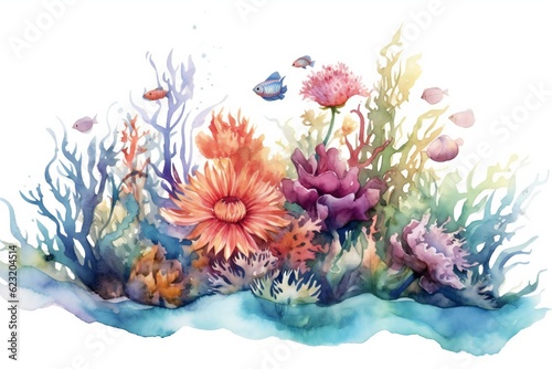 Watercolor underwater floral on white background Generative AI