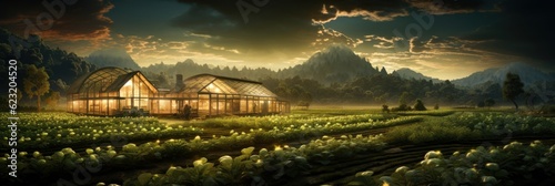 Landscape of an organic garden with healthy vegetable cultivation and a greenhouse rural environment Generative AI Illustration