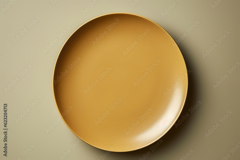 Ochre Monochrome Plate On Khaki Background, Top View. Generative AI Ochre Monochrome Plate On Khaki Background, Top View. Generative AI