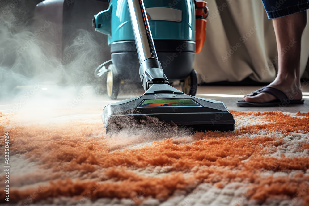 Fototapeta premium Person Cleansing Carpet Using Carpet Cleaner. Generative AI