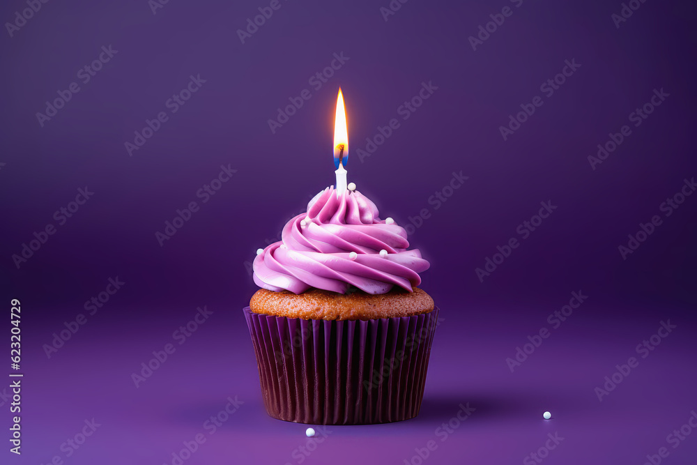 Purple Cupcake With Lighted Candle On Purple Background, Empty Space. Generative AI Purple Cupcake With Lighted Candle On Purple Background, Empty Space. Generative AI