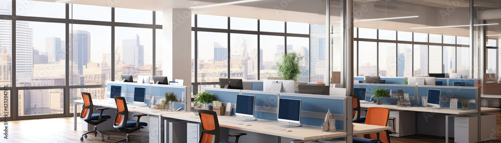Spacious Collaborative Workspace Openconcept Office Featuring Workstations. Panoramic Banner. Generative AI Spacious Collaborative Workspace Openconcept Office Featuring Workstations. Panoramic Banner. Generative AI