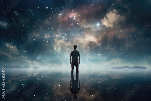 Man Stands On Water Against Sky And Space Background. Generative AI