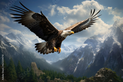 Majestic Eagle Soaring Above Mountain Range. Generative AI © Anastasiia