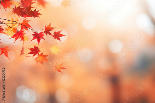 Red Maple Leaves Flying In The Wind On Autumn Defocused Background. Halloween Card. Generative AI photo