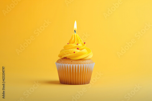 Yellow Cupcake With Lighted Candle On Yellow Background, Empty Space. Generative AI