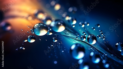 Macro shot of water droplets on a surface, reflecting light with a bokeh effect.