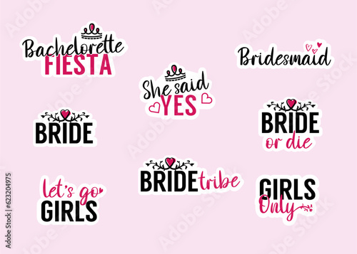 Bachelorette party stickers. She said yes. Bride. Girls party. Stickers, writing, lettering. Fun girly stickers
