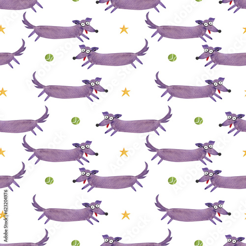 Fototapeta Naklejka Na Ścianę i Meble -  Purple Dachshund. seamless pattern. Watercolor illustration in cartoon style