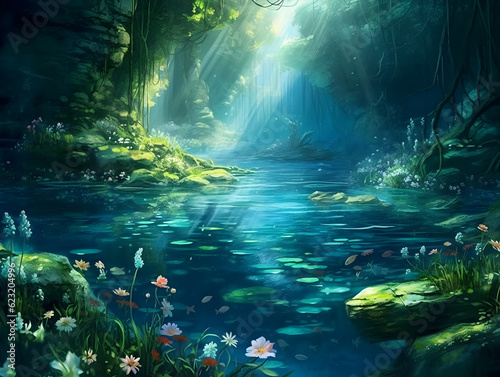Mystical forest pond illuminated by sunlight with vibrant underwater flora.