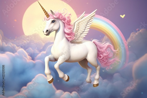 White unicorn in the rainbow in clouds background