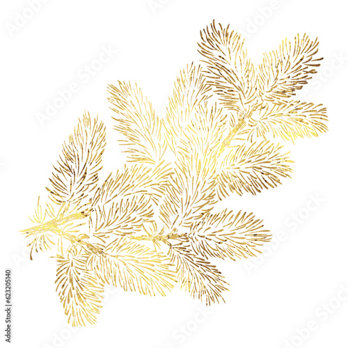 Christmas tree branch with golden foil texture isolated on white background.