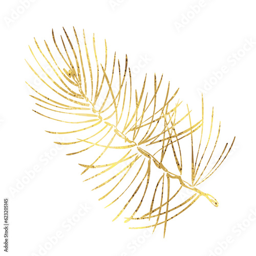 Christmas tree branch with golden foil texture isolated on white background.