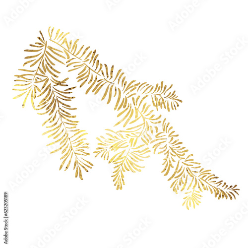 Christmas tree branch with golden foil texture isolated on white background. © elinka_art