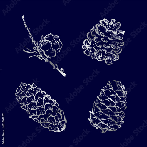 Vector christmas cones with silver foil texture isolated on dark background.