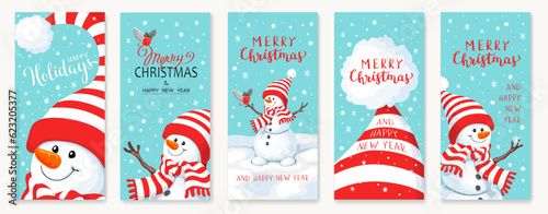 Photo Christmas background with snowman and snowflakes