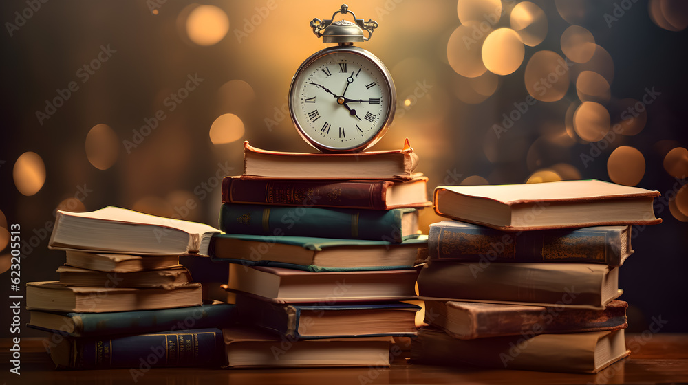 Books and clock. Illustration, generative ai. Books and clock. Illustration, generative ai.