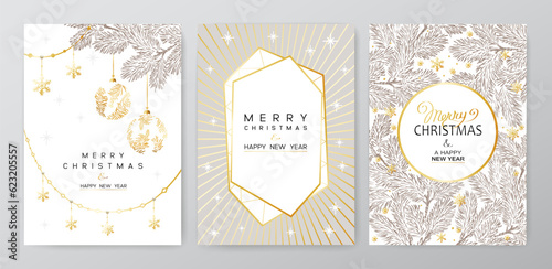 Christmas Poster set. Vector illustration of white Background with branches of Christmas tree