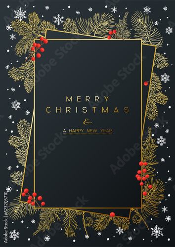 Christmas vertical Poster with golden pine branches on dark background. New year illustration