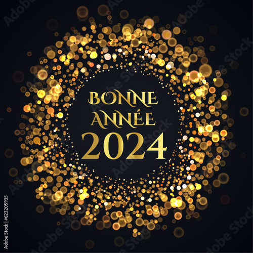 carte ou bandeau pour souhaiter une bonne année 2024 en or dans un cercle composé de rond de couleur or en effet bokeh sur un fond noir