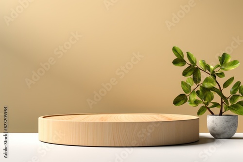 wooden tray with a plant on it on a beige background, created by Generative AI