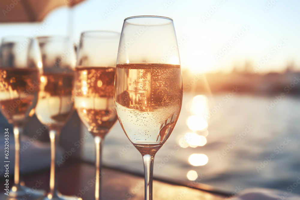 Sparkling champagne glasses at sunset on yacht. Generative AI illustration