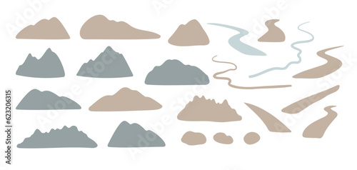 mountain landscape creator clipart  vector travel illustration  road trip clip art  mountain scene images in flat cartoon style  abstract nature  rock forest tourist hiking